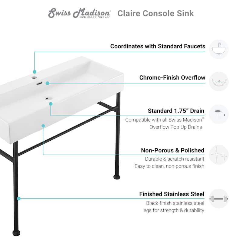 Carre Ceramic Console Sink White Basin Black Legs