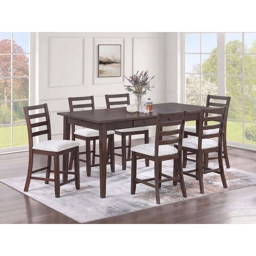 Mid Century Modern Counter Height 7pc Dining Table Set Walnut Finish