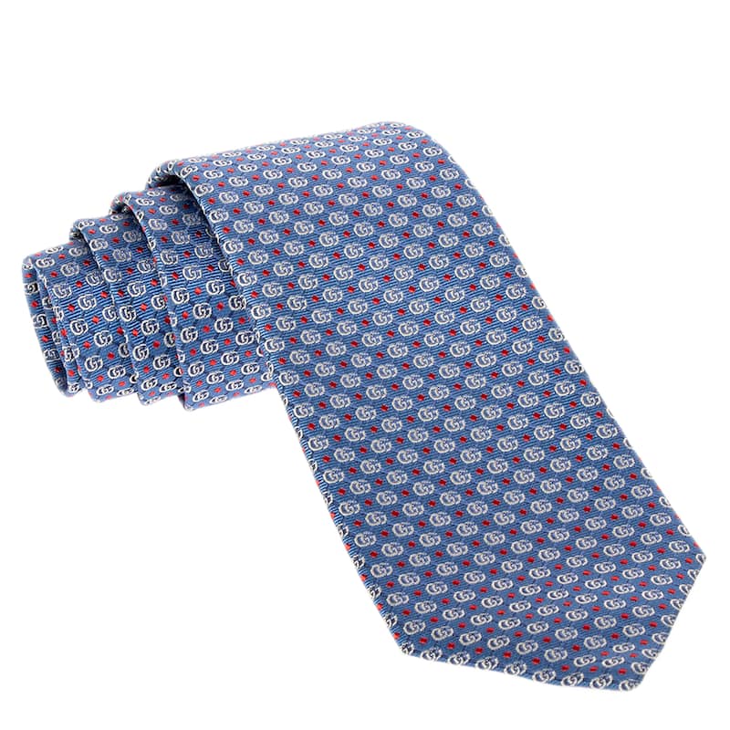 Gucci Double G Jacquard Tie - Blue, Red & Grey