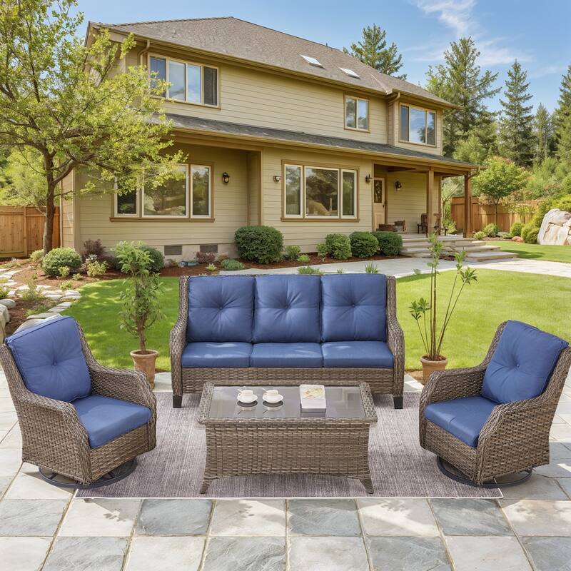 Outdoor Wicker Swivel Rocking Chairs with Coffee Table - Grey - Blue - Grey