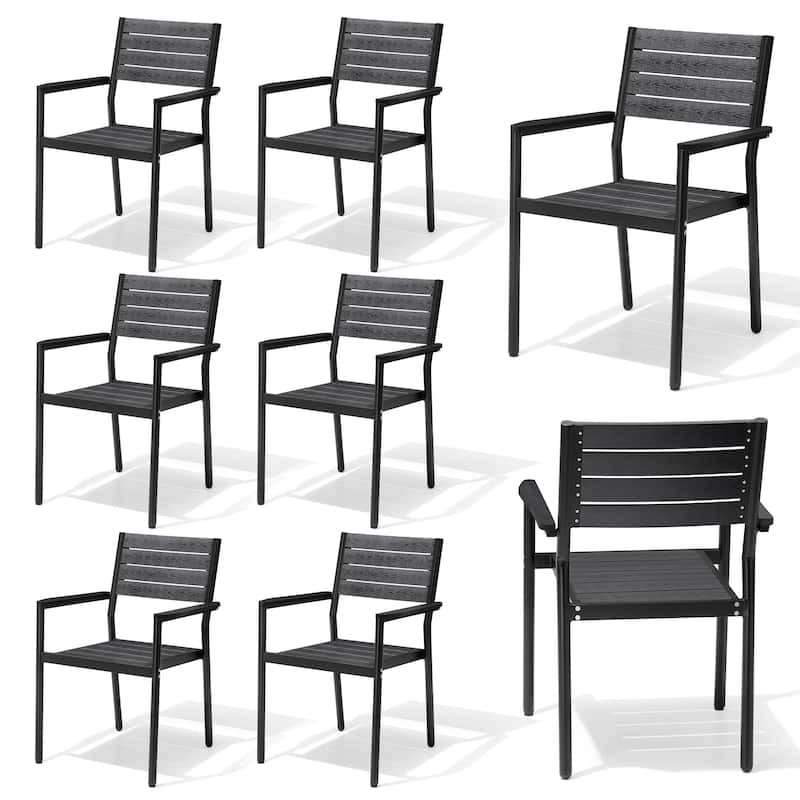 Outdoor Aluminum Dining Chairs Modern Stackable Armchairs - Black - 8PC