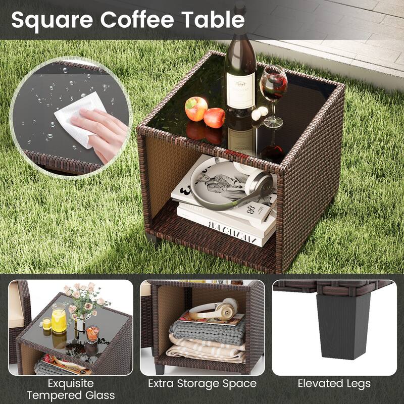 Gymax 3-Piece Patio Furniture Set PE Rattan Conversation Set w/ Glass