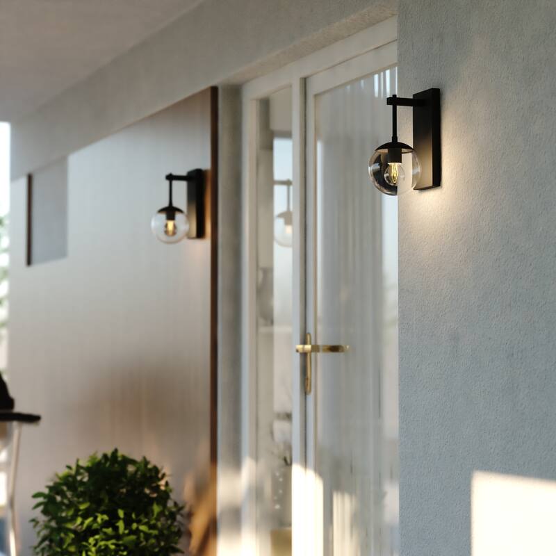 Keeler 1 Light Matte Black Indoor Outdoor Wall Sconce Clear Glass Globe Shade, LED Compatible - 6-in W x 12-in H x 7.5-in D