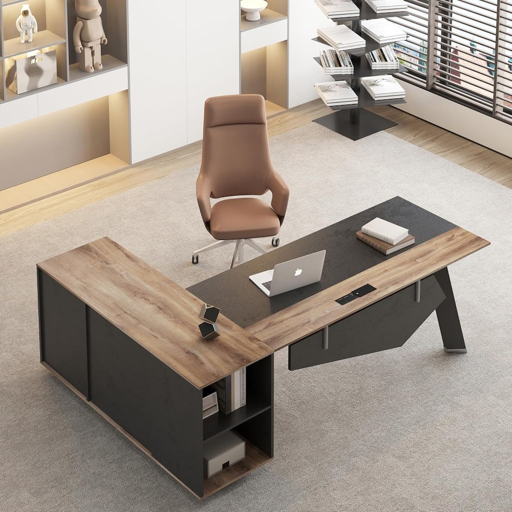 63" Modern Executive Desk with 47" lateral File Cabinet, L-Shaped Desk with Storage Shelves and Doors