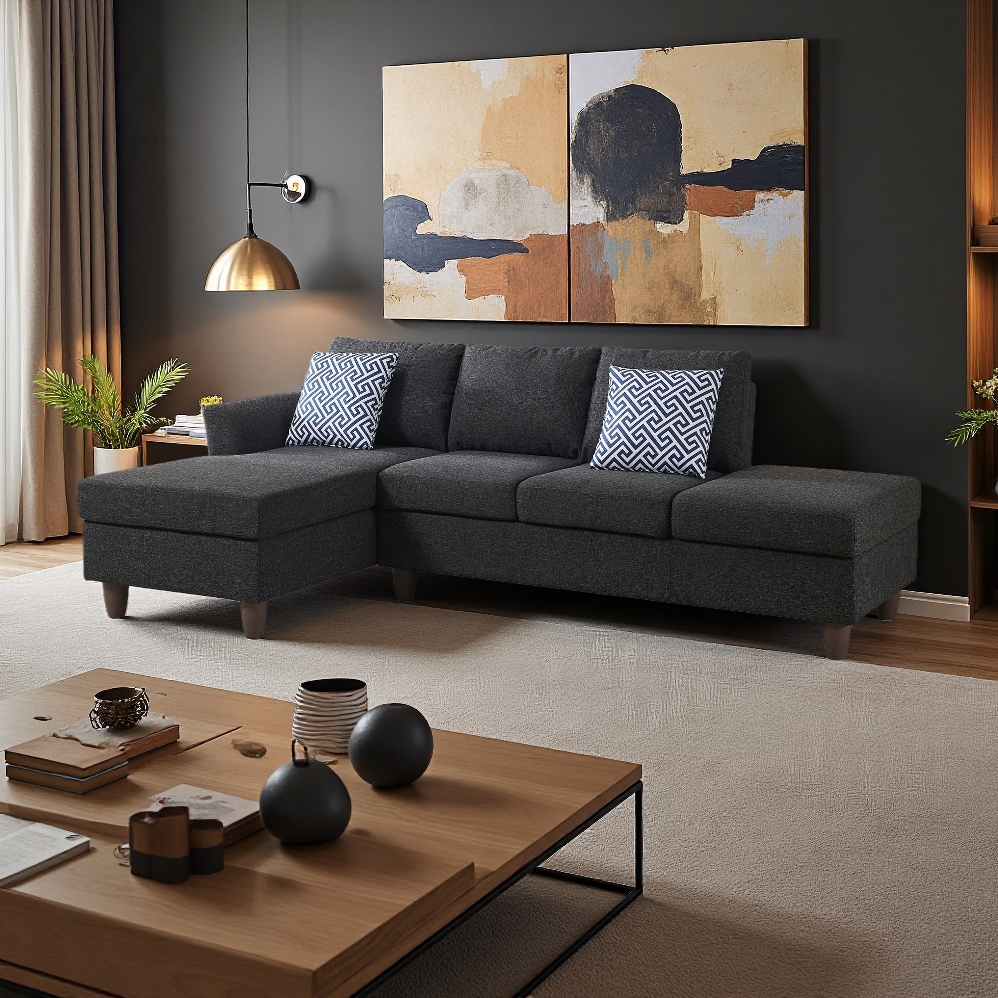 97" Linen Modular 4-Seater Sectional Sofa with Hidden Storage & Accent Pillows