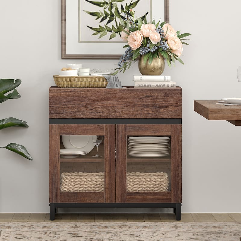 WAMPAT Multifunctional Sideboard Buffet Cabinets with 6 Glass Doors and Drawers, Modern Sideboard, Coffee Bar Storage Cabinet