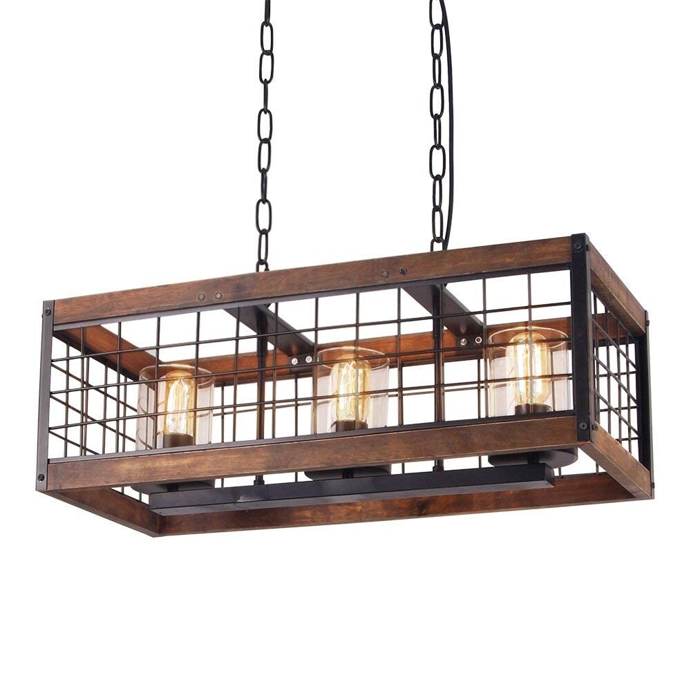3 light vintage industrial rustic wood chandelier, circular wire cage glass chandelier - Chandeliers For Bedrooms by Overstock.com