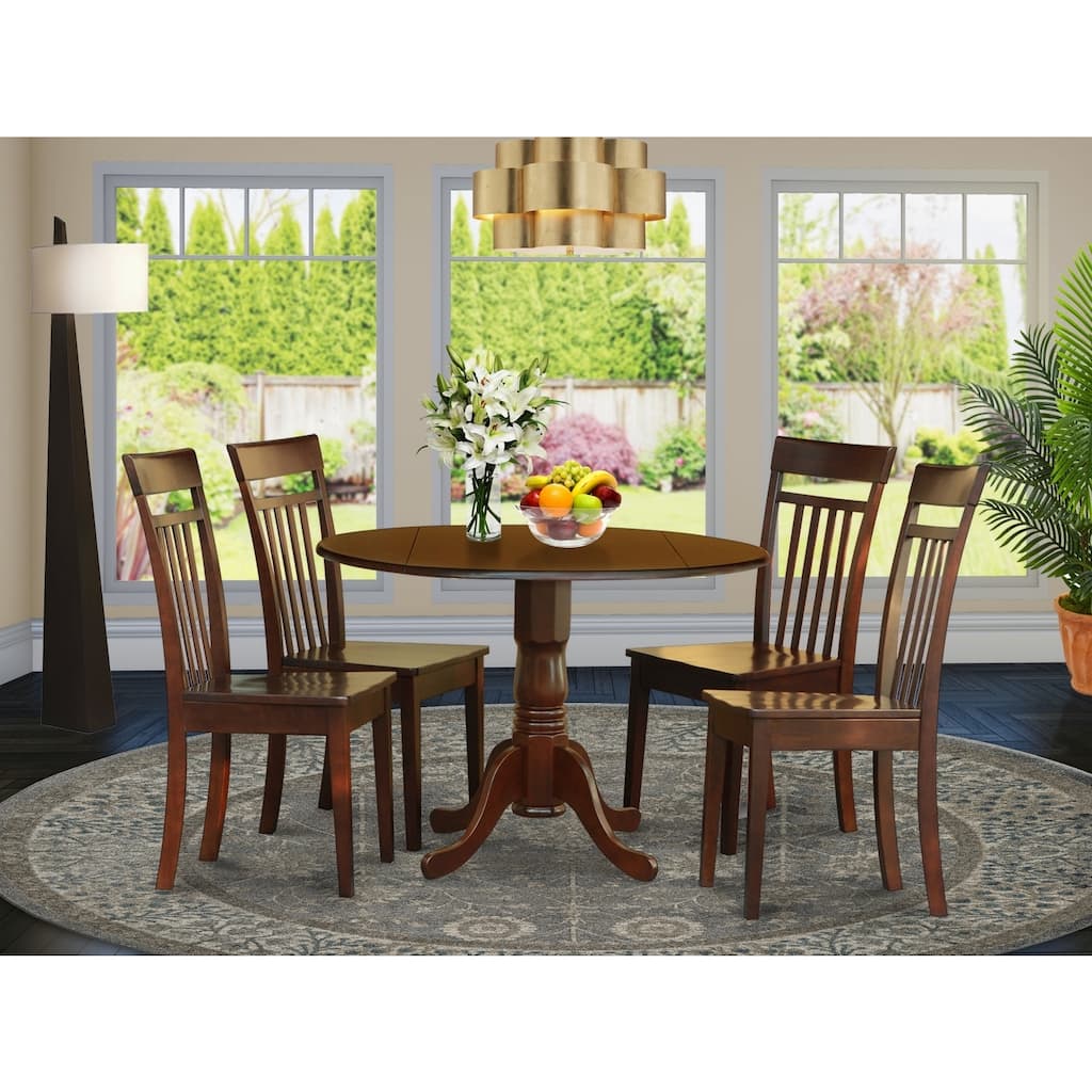 HomeStock 5-Piece Round Mahogany Finish Solid Wood Top Dining table with 4 Chairs with Drop Leaf Lattice Back