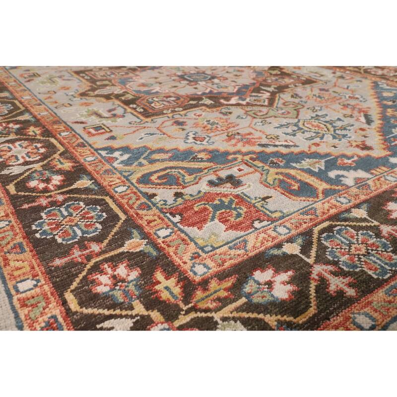 Geometric Heriz Serapi Indian Area Rug Hand-Knotted Grey Wool Carpet - 7'9"x 9'11"