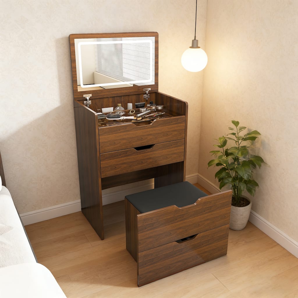 3-in-1 Vanity Desk with Lighted Mirror & Stool, Flip Top Makeup Dressing Table, Compact Storage for Bedroom, Bathroom