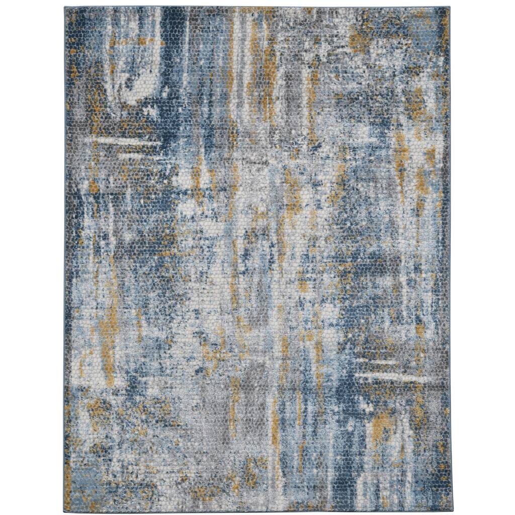 9' X 12' Ivory Blue And Gold Abstract Area Rug - 3'6" Round