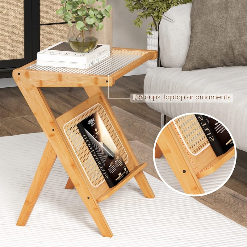 Gymax 2 Pieces Boho End Table with Magazine Rack Versatile Bamboo