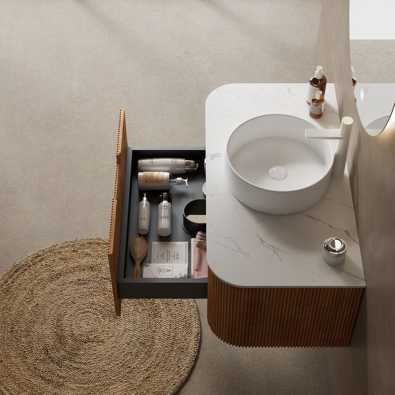 Modland Walnut 24/30/36 inch Bathroom Vanity with White Ceramic Vessel Sink, Modern Wall Mounted Floating