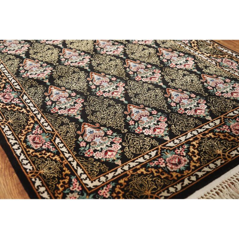 Hand Knotted Oriental 100% Wool Carpet Traditional Floral Black Isfahan Area Rug - 4' 4'' X 2' 9''