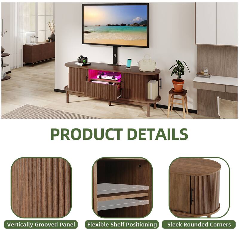 Moasis Mid-Century Modern Fluted TV Stand with Drawer and Adjustable Mount for Living Room