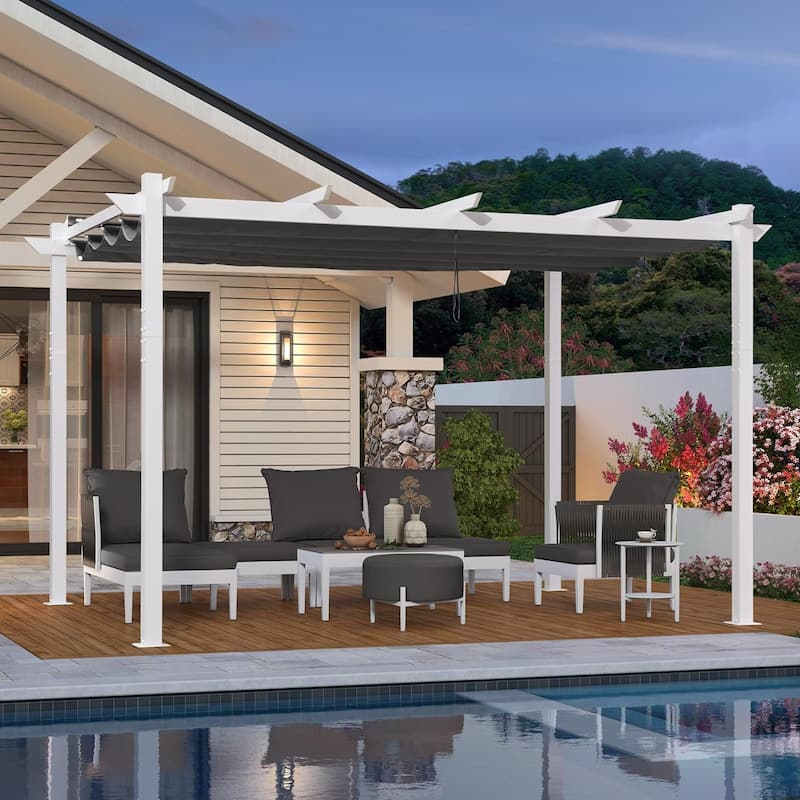 PURPLE LEAF Gazebo Outdoor Retractable White Heavy-Duty Aluminum Pergola with Extra Top Roof - 10' x 13' - White & Grey