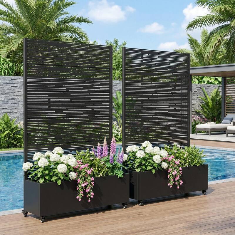 Metal Galvanized Planter Box with Trellis Privacy Screen Lockable Wheels Set of 2