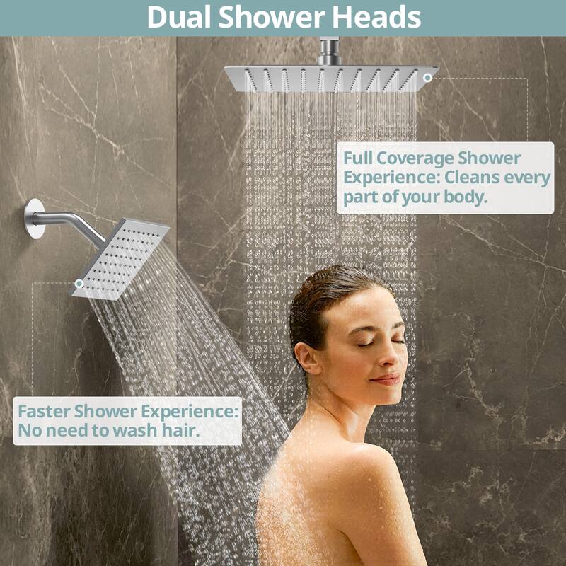 Dual Heads 12" Rainfall & High Pressure 6" Shower System w/ 3 Way Digital Display Faucet
