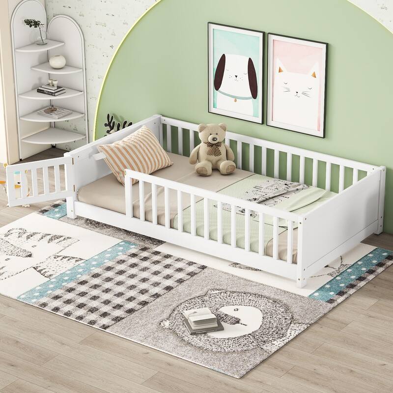 Twin size Floor Platform Bed with Built-in Book Storage Rack, Door