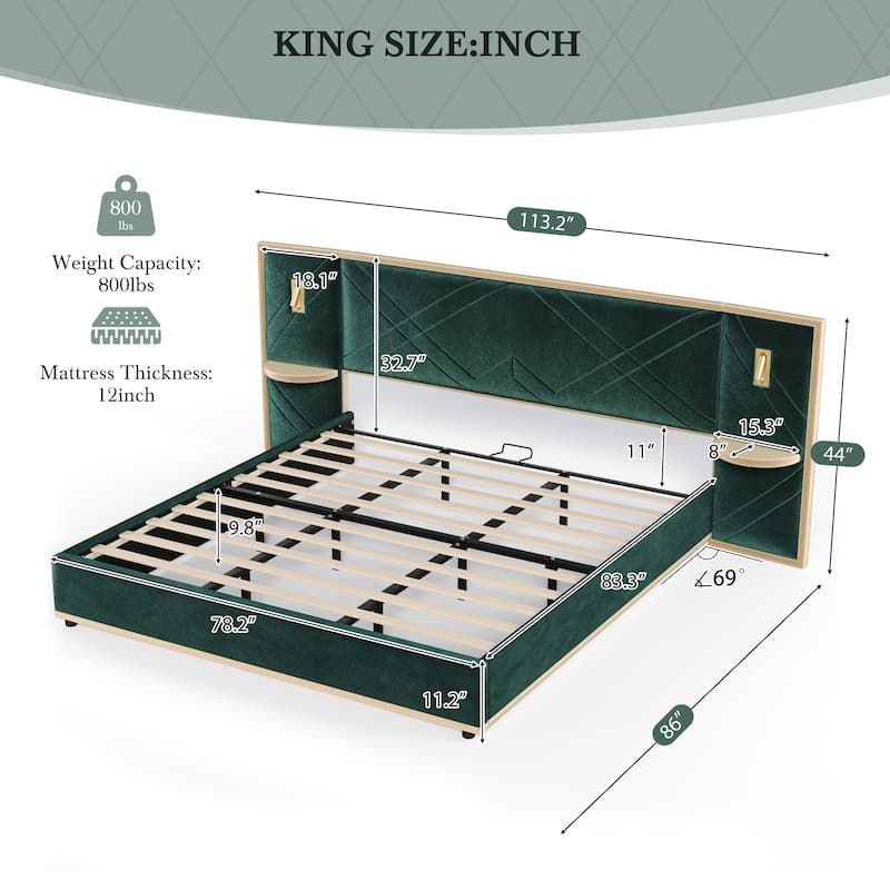 Christopher Knight Home - Voss Velvet Upholstered Bed with 2 Built-in LED Lights and 2 Storage Side Panels