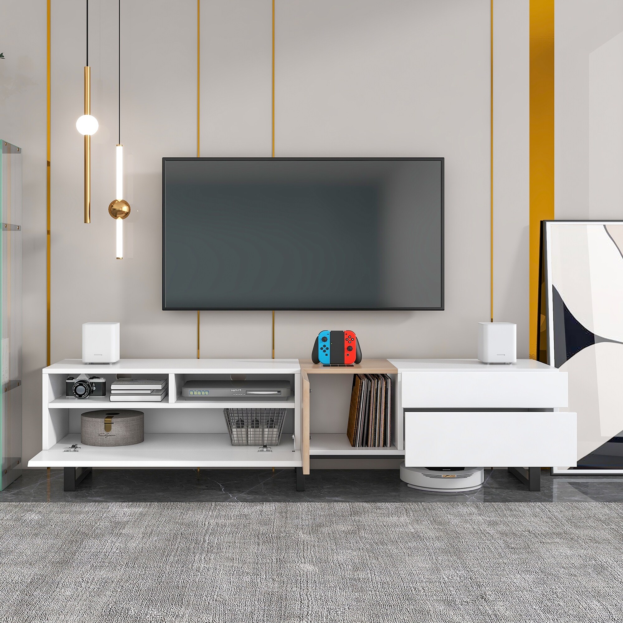 Minimalist TV Stand for 80" TVs with Drop-Down Doors and Storage
