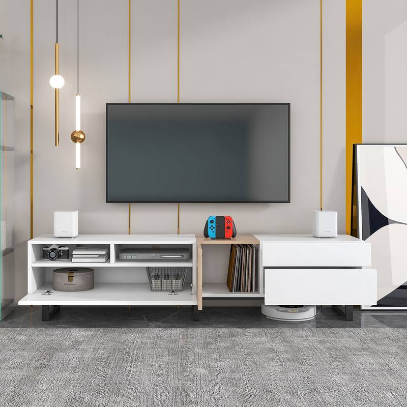 Modern TV Stand with Open Shelving, 2 Drawers and Drop-Down Door, , for TVs Up to 80 Inches, for Living Rooms and Bedrooms