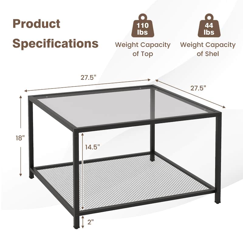 Tempered Glass and Black Metal 2-Tier Coffee Table with Mesh Shelf and 110 lbs Capacity - 27.5" x 27.5" x 18"