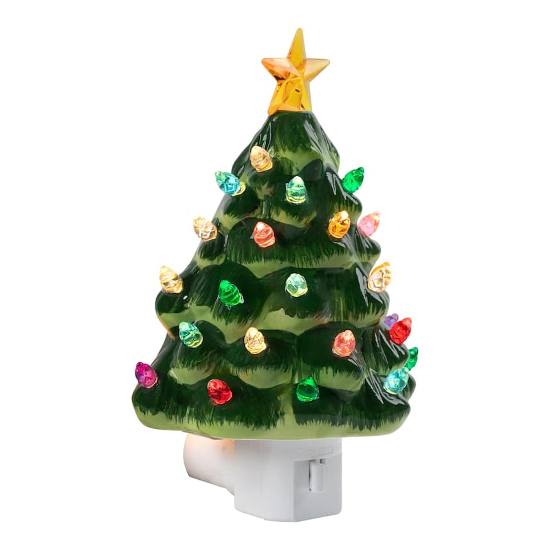 Retro Christmas Tree Ceramic Night Light - 7" - Green