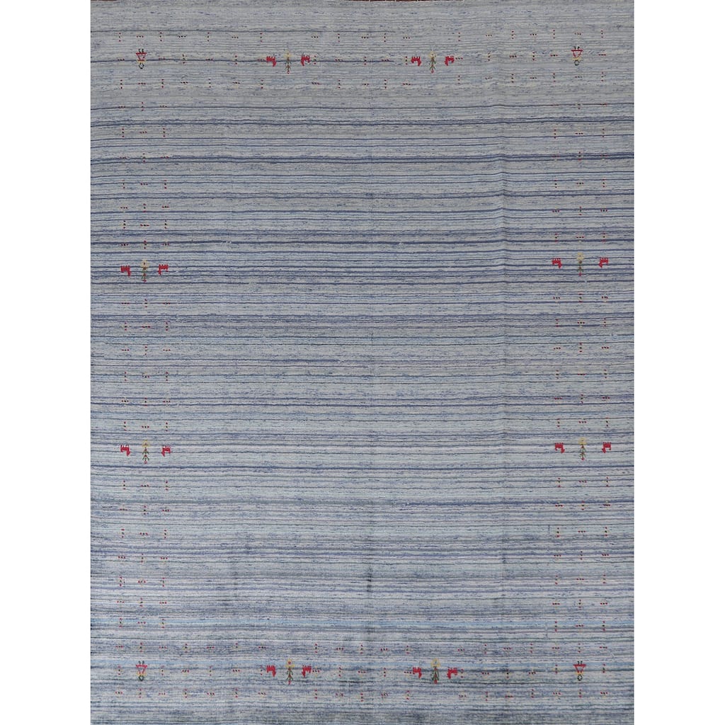 Striped Blue Gabbeh Indian Area Rug Hand-Knotted Oriental Wool Carpet - 7'8"x 9'7"