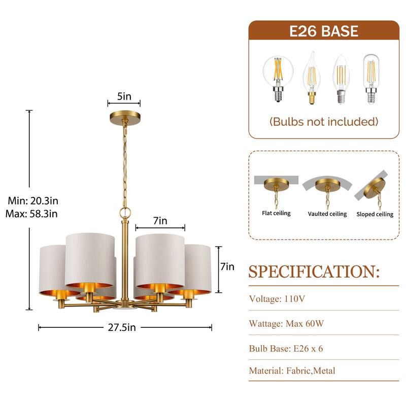 Modern Chandelier Dining Room Pendant Light Fixture Drum Fabric Shade