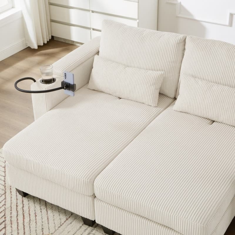 63" Corduroy Convertible Loveseat Sofa Bed with USB Ports, Two Cup Holders, A Phone Holder for Living Room