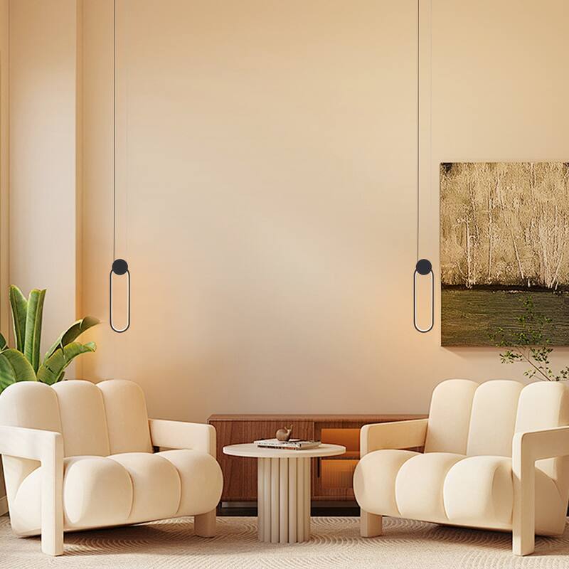 7-Watt 1-Light Black Elliptical Shade Integrated LED Pendant Light, Classic Semi Flush Mount Chandelier for Dining Room