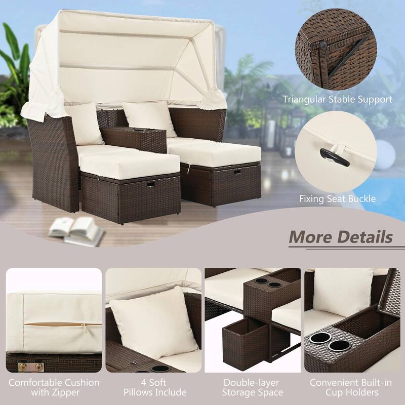 Outdoor Patio Loveseat Sofa Set with Foldable Awning