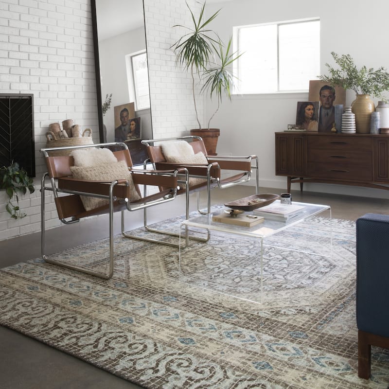 Alexander Home Nile Mosaic 100% Wool Hand Hooked Rug - 9'3" x 13' - Stone/Blue