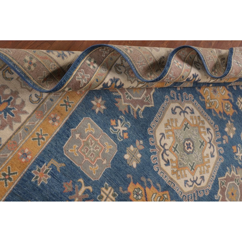 Blue Geometric Kazak Oriental Rug Handmade Traditional Wool Carpet - 6'8" x 10'0"