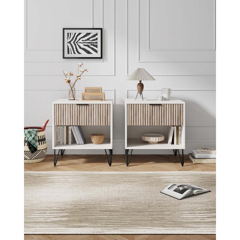 Manhattan Comfort Dumbo 1.0 Mid Century 1 Drawer Nightstand Set of 2 - White and Rustic Grey