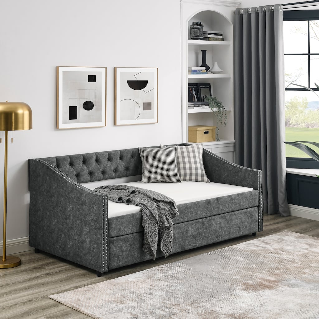 Modern Twin Size Daybed with Button Tufted Back, Wood Frame Upholstered Sofa Bed with Casters, Copper Nail Decorative Armrests