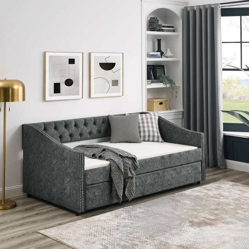 Upholstered Daybed Frame with Trundle & Tufted Backrest