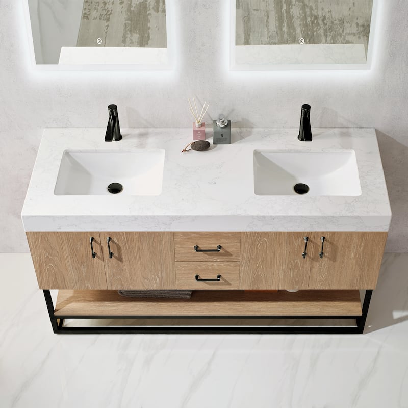 Alistair 60" Double Vanity with White Grain Stone Top without Mirror