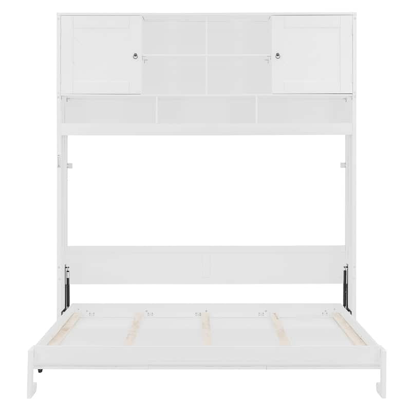 Queen Size Wall Murphy Bed with Storage and Chevron Stripes, White