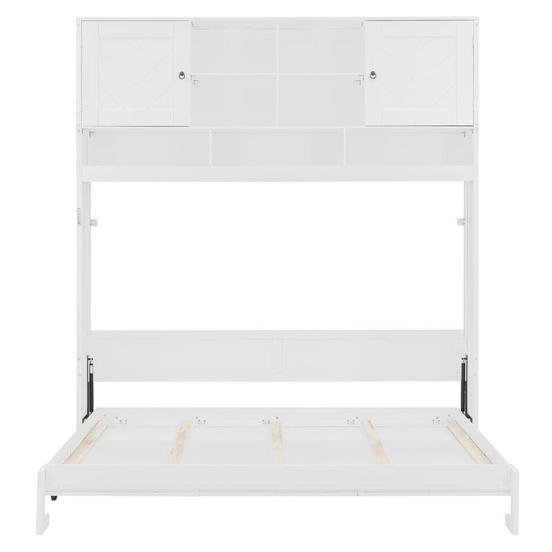 Roomfitters Queen Murphy Bed with Storage Shelves and Chevron Cabinets, Wall Mounted Space Saving Fold Down Bed System, White