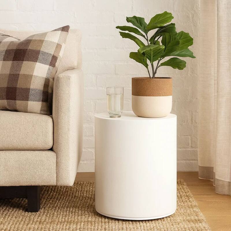 Viko Round Side End Table, White Wood Faux Concrete Finish, 20 Inch