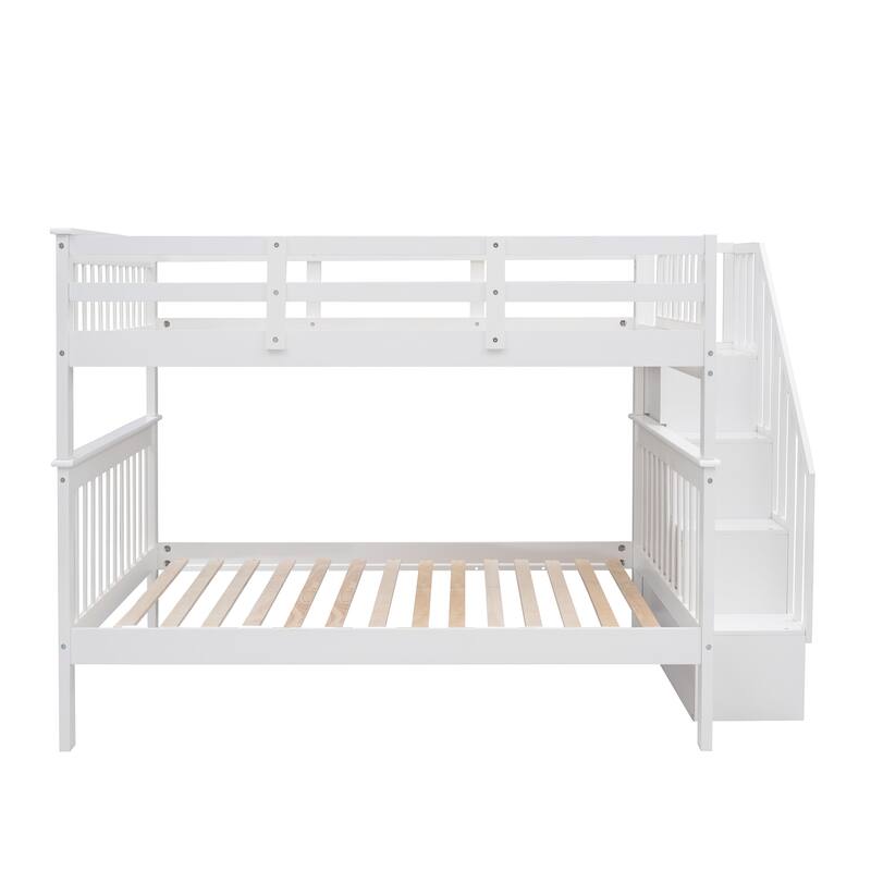 Stairway Full-Over-Full Bunk Bed With Storage And Guard Rail For Bedroom,Dorm,White Color