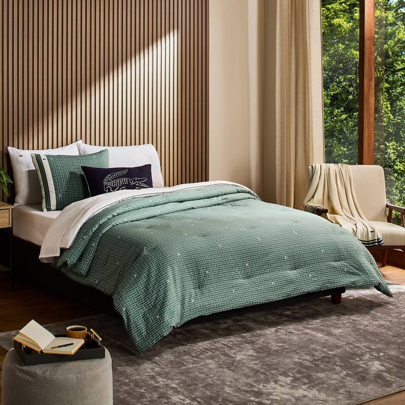 Lacoste Heritage Geo Percale Cotton 3-Piece Comforter Set - Twin - Green