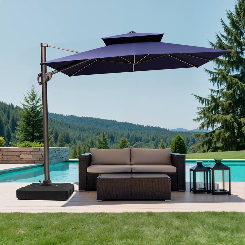 10.5 ft. x 9 ft. Double top 360-Degree Rotation Cantilever Patio Umbrella with Base - Navy Blue
