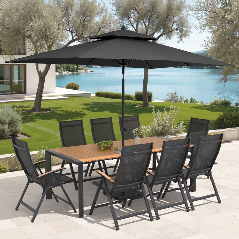 9/11-Piece Outdoor Patio Dining Set Aluminum Dining Table and Chairs w/10 ft Market Umbrella and Base with Wheels