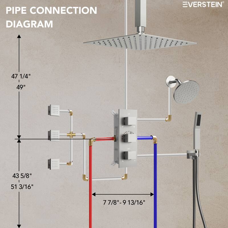Thermostatic Dual Heads 12" Multi-Function Shower System with 3 Body Sprays