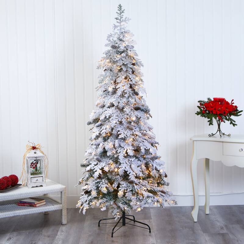 7ft Artificial Christmas Tree with Lights - Modern Spruce Tree, Pinecone Accents, Holiday Decor - White - 84