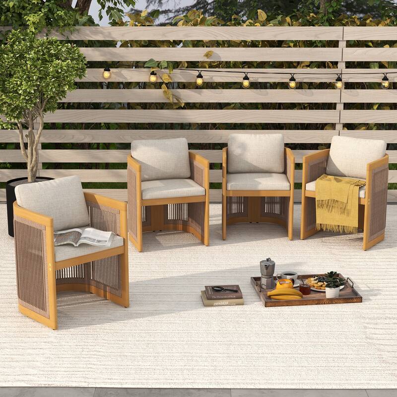 Outdoor Wooden Rope Woven Armchairs with Olefin Cushions, Set of 4