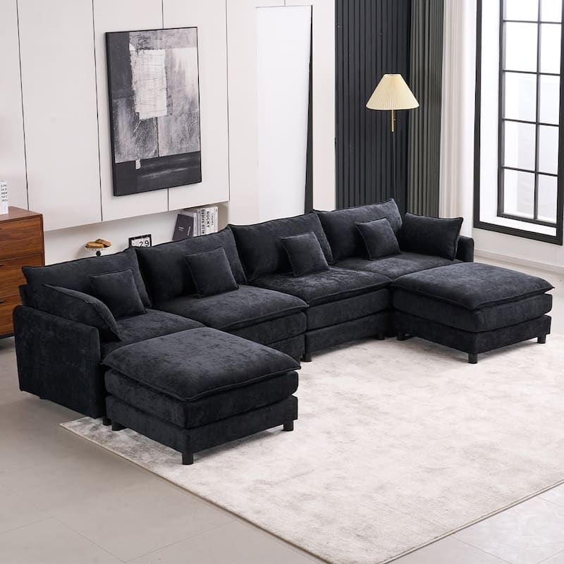 131.89" Chenille U-Shaped Sectional Sofa Bed with Sleeper & Iron Frame Support